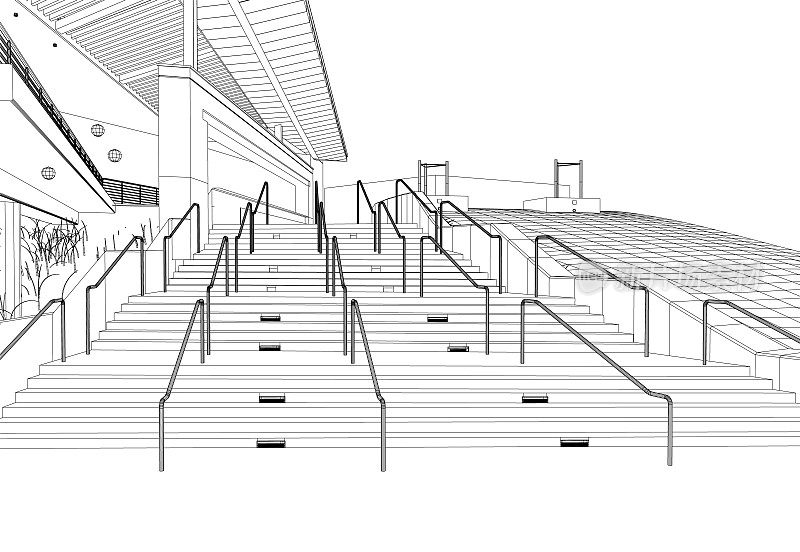一个大楼梯的轮廓和一个建筑从黑色线孤立在白色背景。3 d。矢量插图。